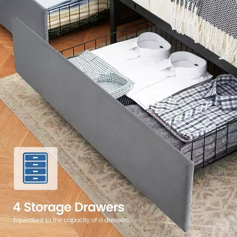 WhizMax Struttura Letto Matrimoniale con Stazione di Ricarica e 4 Cassetti Contenitore, Letto con Piattaforma Imbottita in Velluto Grigio con Testiera Contenitore e Doghe in Legno