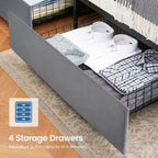 WhizMax Struttura Letto Matrimoniale con Stazione di Ricarica e 4 Cassetti Contenitore, Letto con Piattaforma Imbottita in Velluto Grigio con Testiera Contenitore e Doghe in Legno