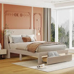 Full Size Beige Velvet Upholstered Platform Bed with Large Drawer