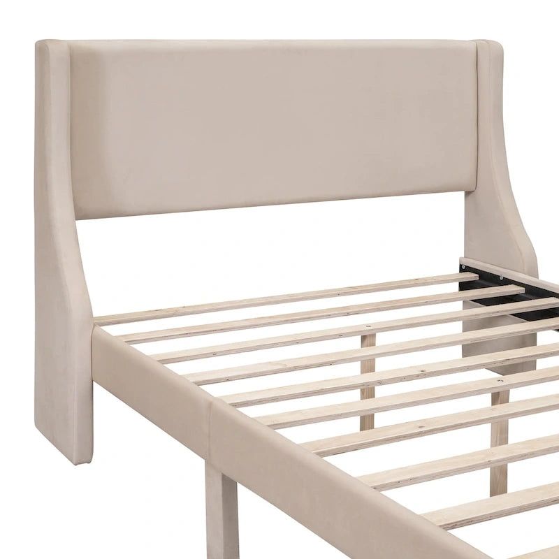 Full Size Beige Velvet Upholstered Platform Bed with Large Drawer