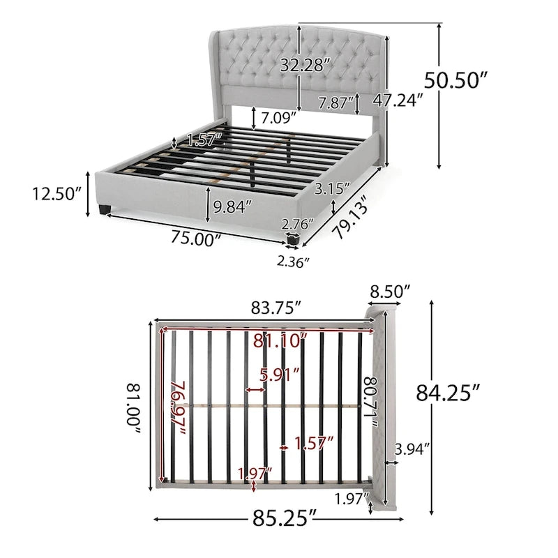 Low-Profile Upholstered King Size Platform Bed with Integrated Support