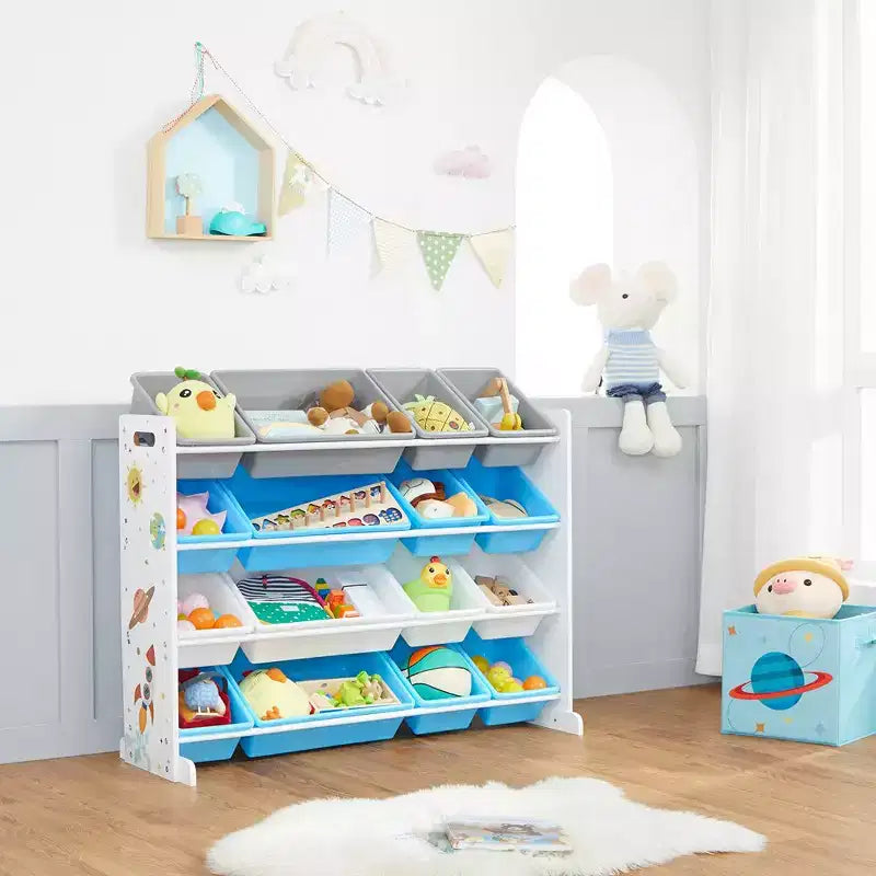 SONGMICS Kid's Large Toy Storage Unit with 16 Removable Bins, for Playroom, Children Room, 41.7, Space Theme