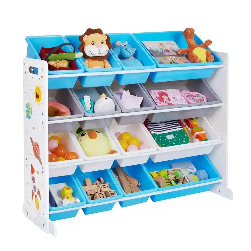 SONGMICS Kid's Large Toy Storage Unit with 16 Removable Bins, for Playroom, Children Room, 41.7, Space Theme