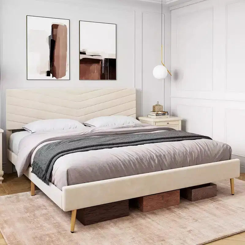 Whizmax King/Queen/Full Size Bed Frame with Adjustable Headboard, Velvet Upholstered Platform Bed, Solid Wood Slats Support, No Box Spring Needed