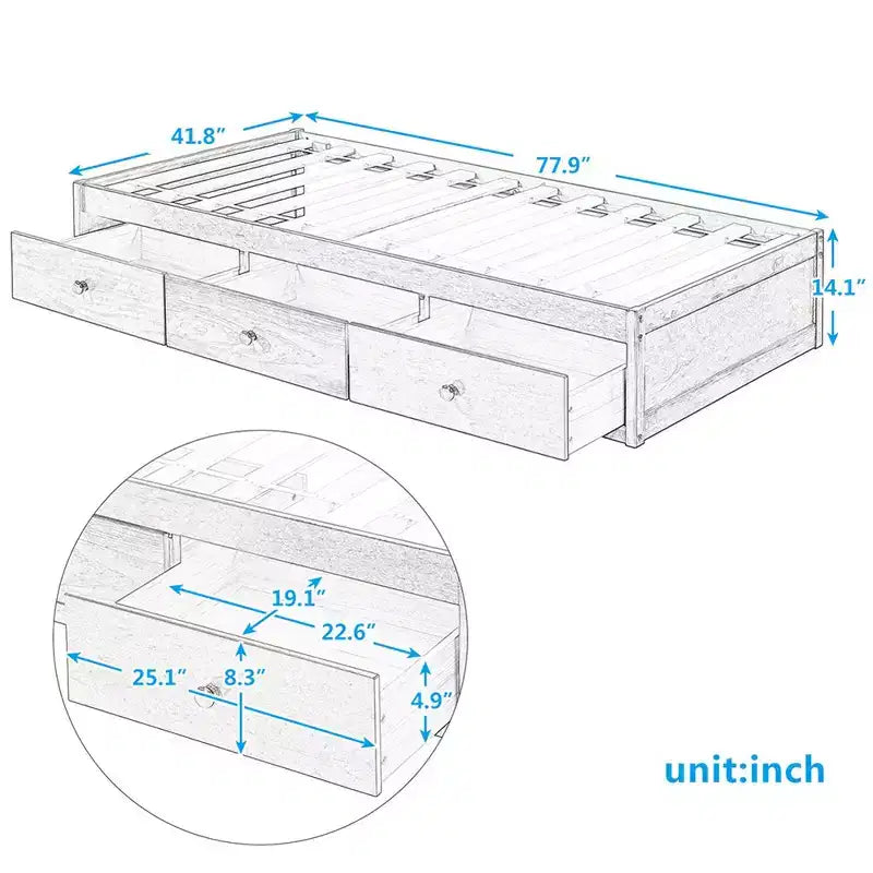 Twin Size Platform Storage Bed With 3 Drawers Easy Assembly Platform Bed Frames No Box Spring Needed Wooden Slat Support