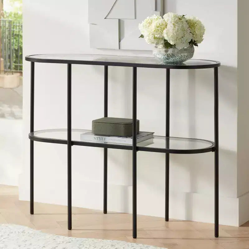 Studio 55D Remy Modern Metal Oval 2-Tier Console Table 40 x 15 with Storage Sandy Black Clear Glass Tabletop for Living Room
