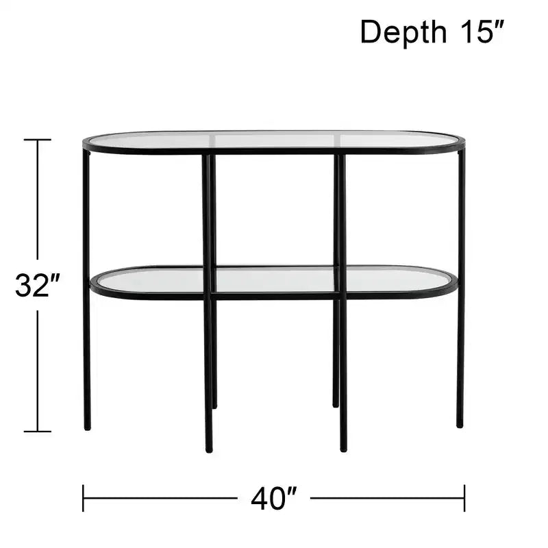 Studio 55D Remy Modern Metal Oval 2-Tier Console Table 40 x 15 with Storage Sandy Black Clear Glass Tabletop for Living Room