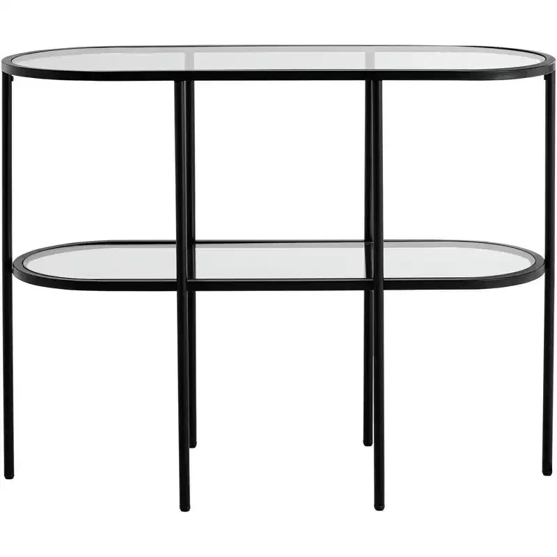 Studio 55D Remy Modern Metal Oval 2-Tier Console Table 40 x 15 with Storage Sandy Black Clear Glass Tabletop for Living Room