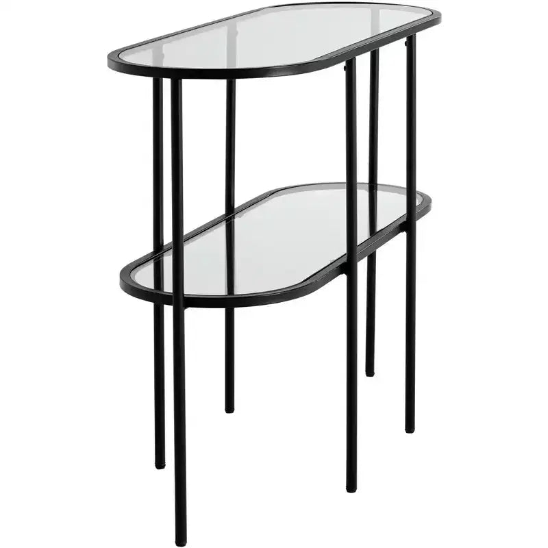 Studio 55D Remy Modern Metal Oval 2-Tier Console Table 40 x 15 with Storage Sandy Black Clear Glass Tabletop for Living Room