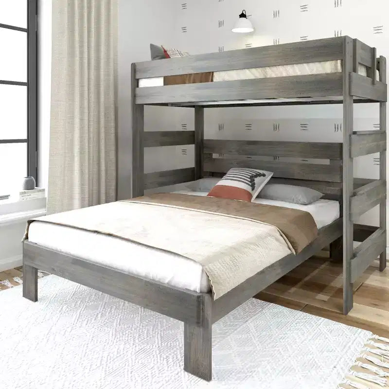 Plank+Beam Solid Wood Farmhouse Twin over Queen L-Shaped Bunk Bed Bed for Adults