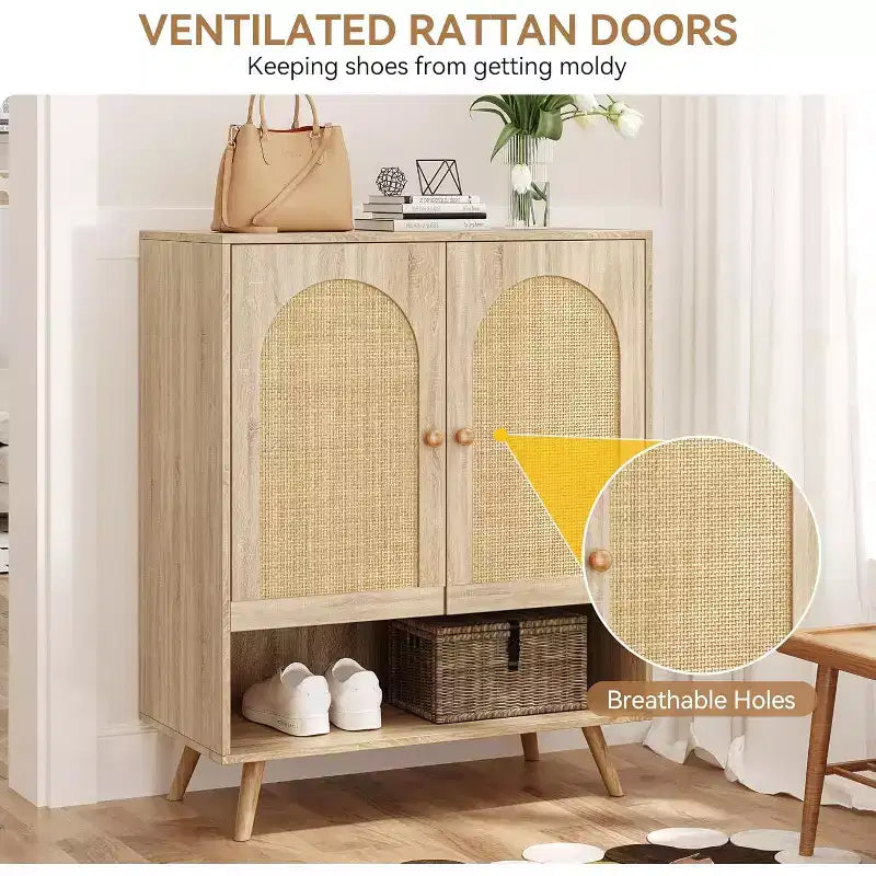 Rattan Shoe Cabinet with Doors, 4-Tier Shoe Storage Cabinet for Entryway, Shoe Rack Organizer Cabinet with Woven Rattan Doors and Adjustable Shelves