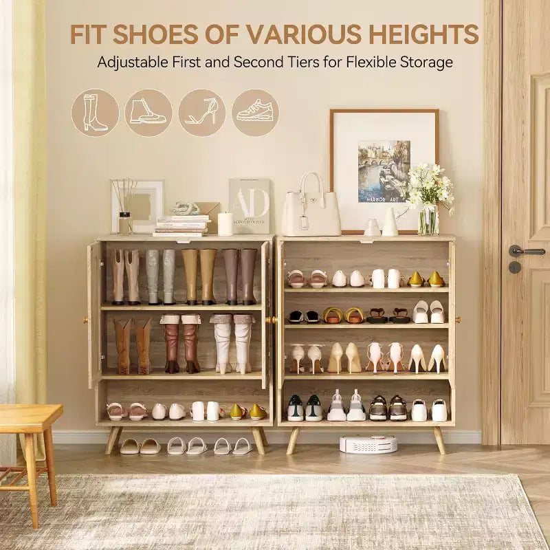 Rattan Shoe Cabinet with Doors, 4-Tier Shoe Storage Cabinet for Entryway, Shoe Rack Organizer Cabinet with Woven Rattan Doors and Adjustable Shelves