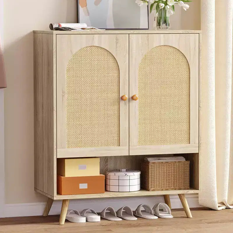 Rattan Shoe Cabinet with Doors, 4-Tier Shoe Storage Cabinet for Entryway, Shoe Rack Organizer Cabinet with Woven Rattan Doors and Adjustable Shelves