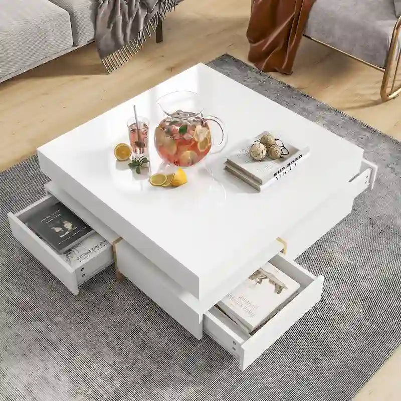 White High Gloss Coffee Table with 4 Drawers - 31.5" Square