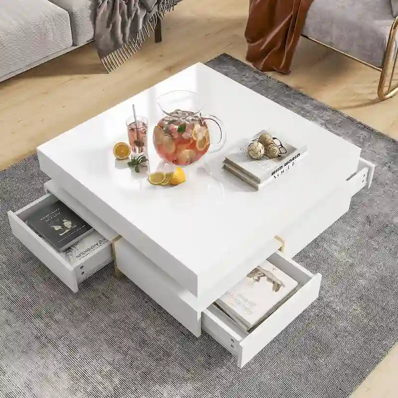 White High Gloss Coffee Table with 4 Drawers - 31.5" Square