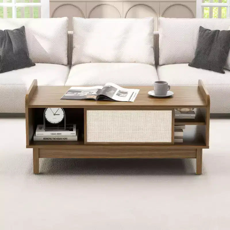 Costway Tavolino da caffè, Tavolino da caffè moderno di metà secolo con cassetti, Ante scorrevoli in rattan intrecciato, Ripiano regolabile