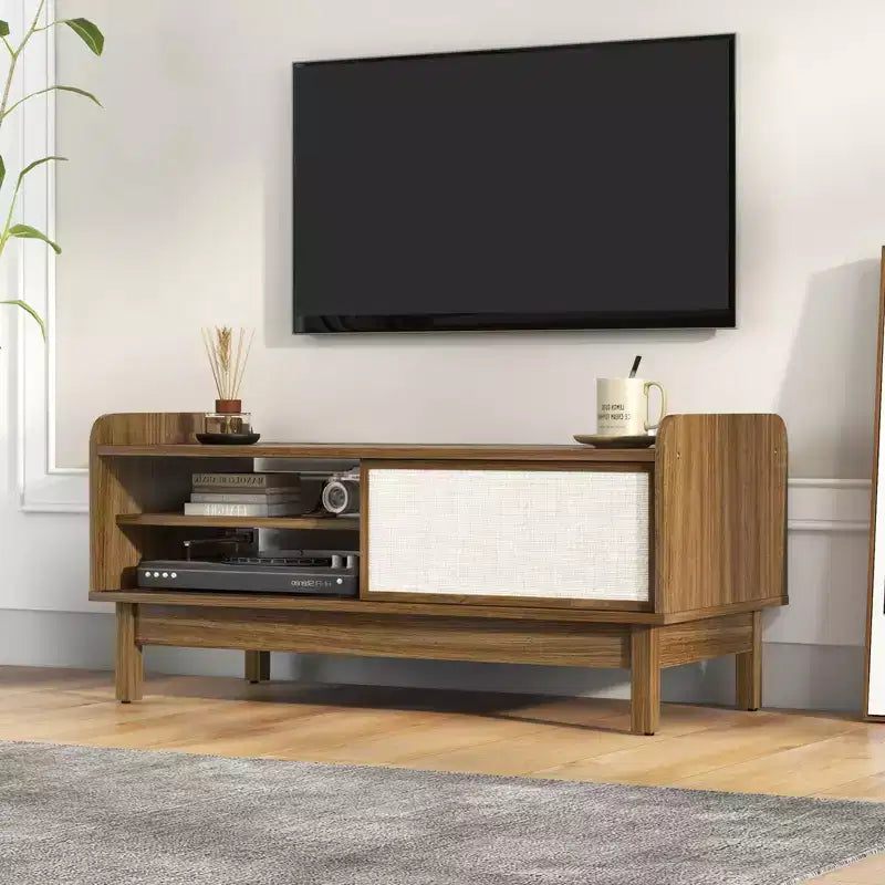 Costway Tavolino da caffè, Tavolino da caffè moderno di metà secolo con cassetti, Ante scorrevoli in rattan intrecciato, Ripiano regolabile
