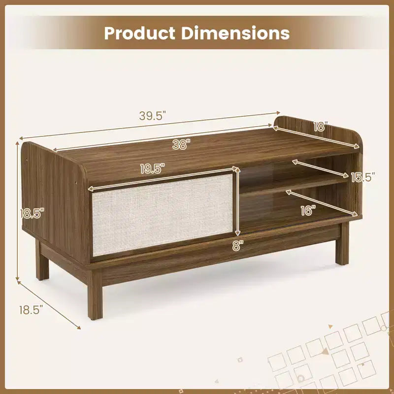 Costway Tavolino da caffè, Tavolino da caffè moderno di metà secolo con cassetti, Ante scorrevoli in rattan intrecciato, Ripiano regolabile