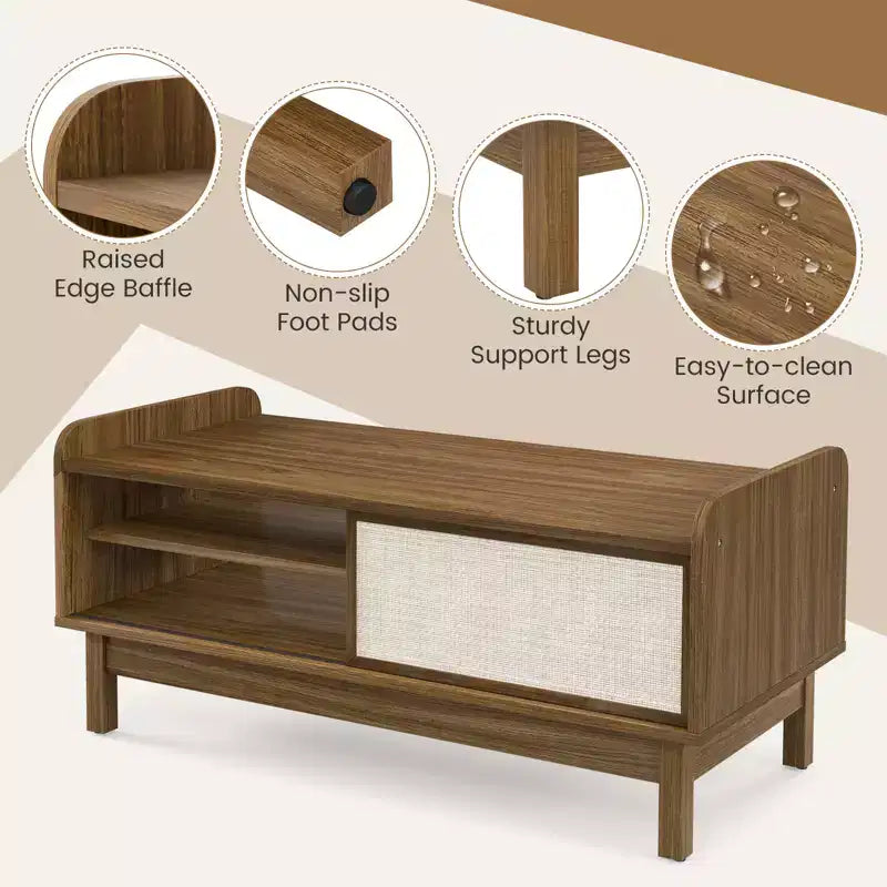Costway Tavolino da caffè, Tavolino da caffè moderno di metà secolo con cassetti, Ante scorrevoli in rattan intrecciato, Ripiano regolabile