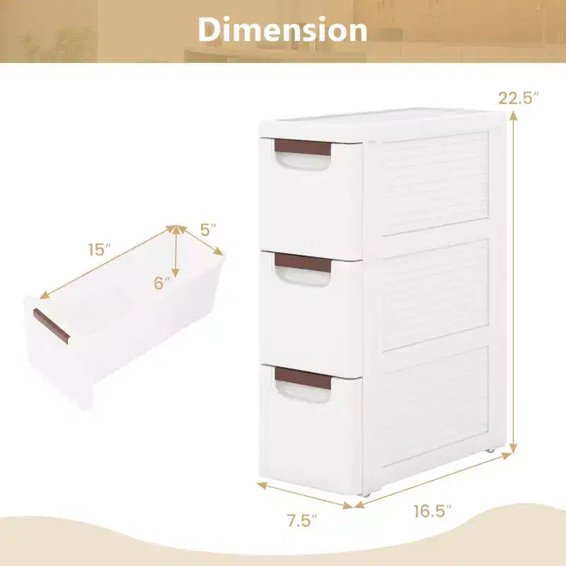 Costway 1/2 PCS 3-Drawer Narrow Rolling Storage Cabinet with Pull Handles Built-in Wheels