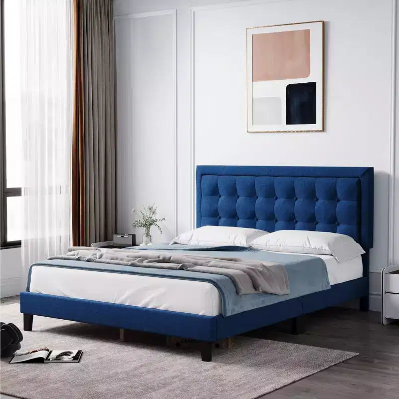 Whizmax Bed Frame, Wood Slat Support Bed Frame with Adjustable Height Headboard Button Tufted Upholstered Bed Frame