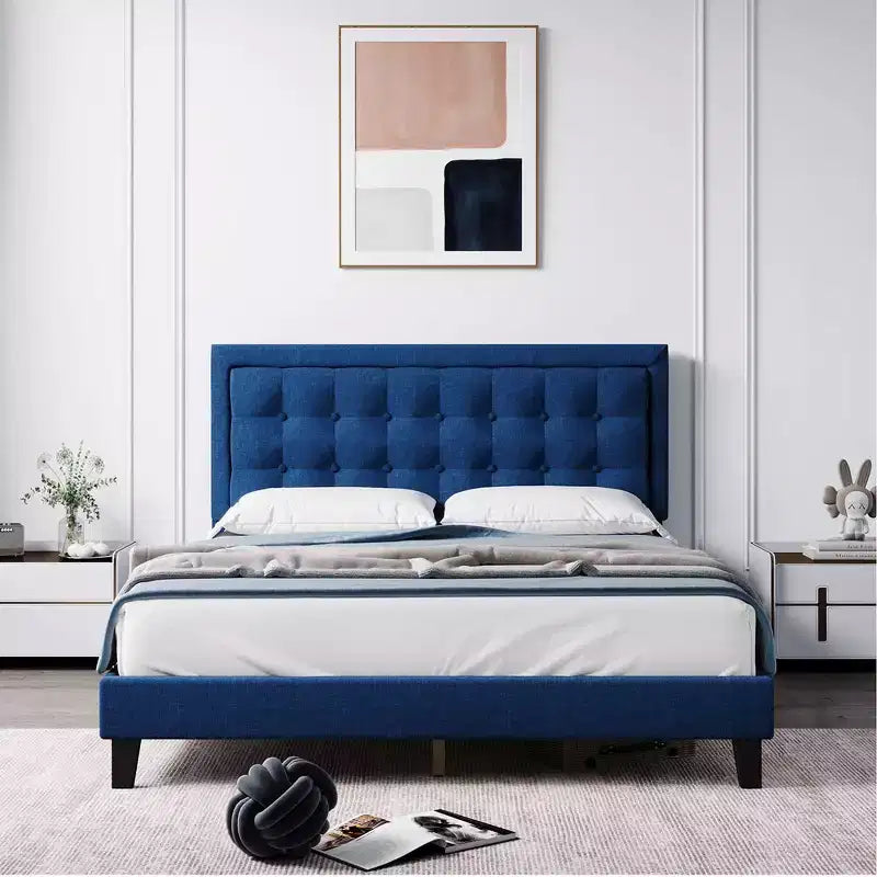 Whizmax Bed Frame, Wood Slat Support Bed Frame with Adjustable Height Headboard Button Tufted Upholstered Bed Frame