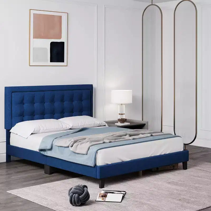 Whizmax Bed Frame, Wood Slat Support Bed Frame with Adjustable Height Headboard Button Tufted Upholstered Bed Frame