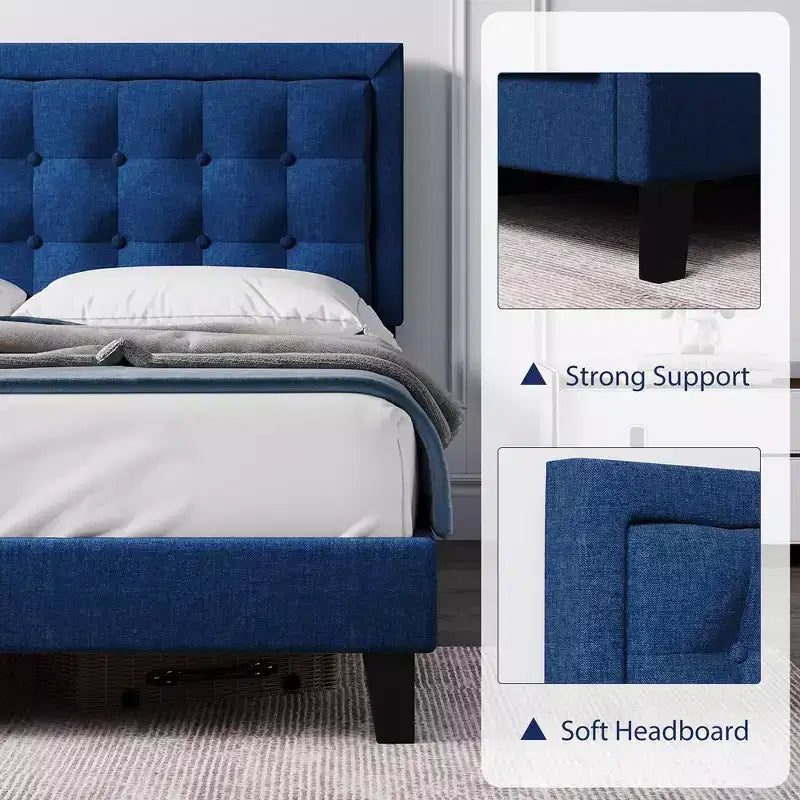 Whizmax Bed Frame, Wood Slat Support Bed Frame with Adjustable Height Headboard Button Tufted Upholstered Bed Frame