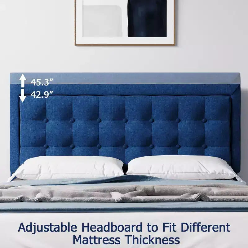 Whizmax Bed Frame, Wood Slat Support Bed Frame with Adjustable Height Headboard Button Tufted Upholstered Bed Frame