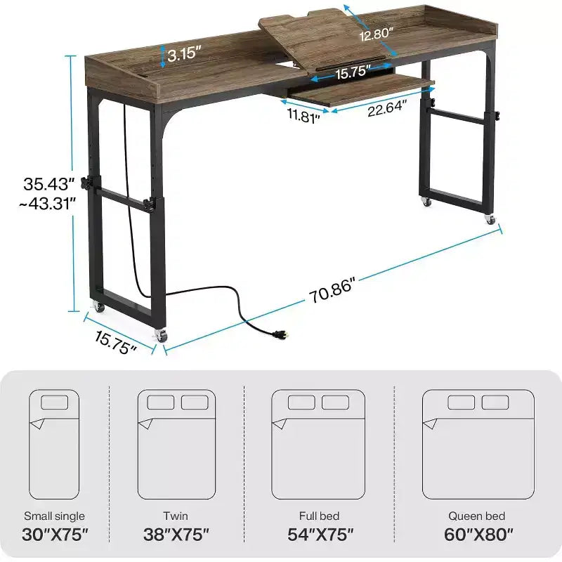 Tavolo da letto Lantine regolabile in altezza con ruote e supporto inclinabile regolabile