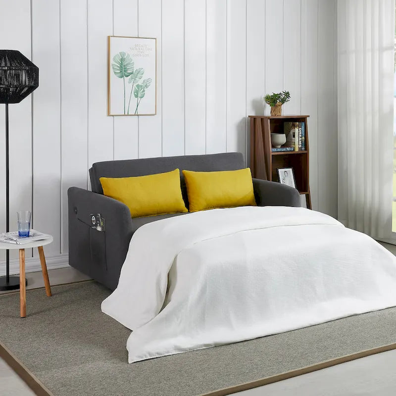 Gray Convertible Sofa Bed for 2 with USB Port