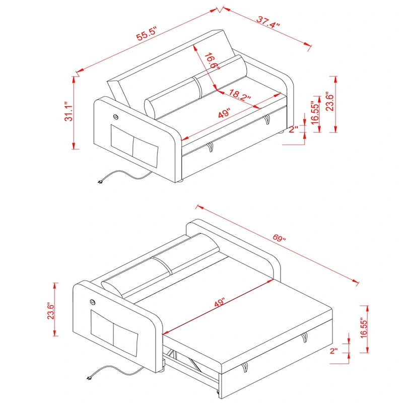 Gray Convertible Sofa Bed for 2 with USB Port