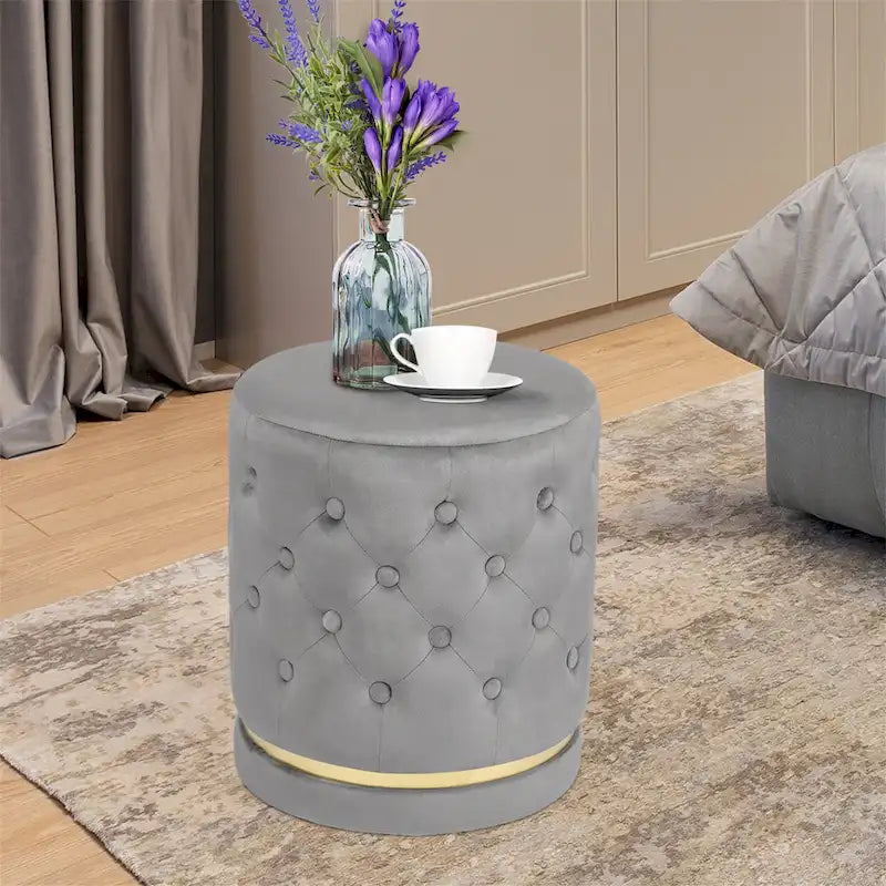 Adeco 18.3 Height Button Tufted Upholstered Round Ottoman
