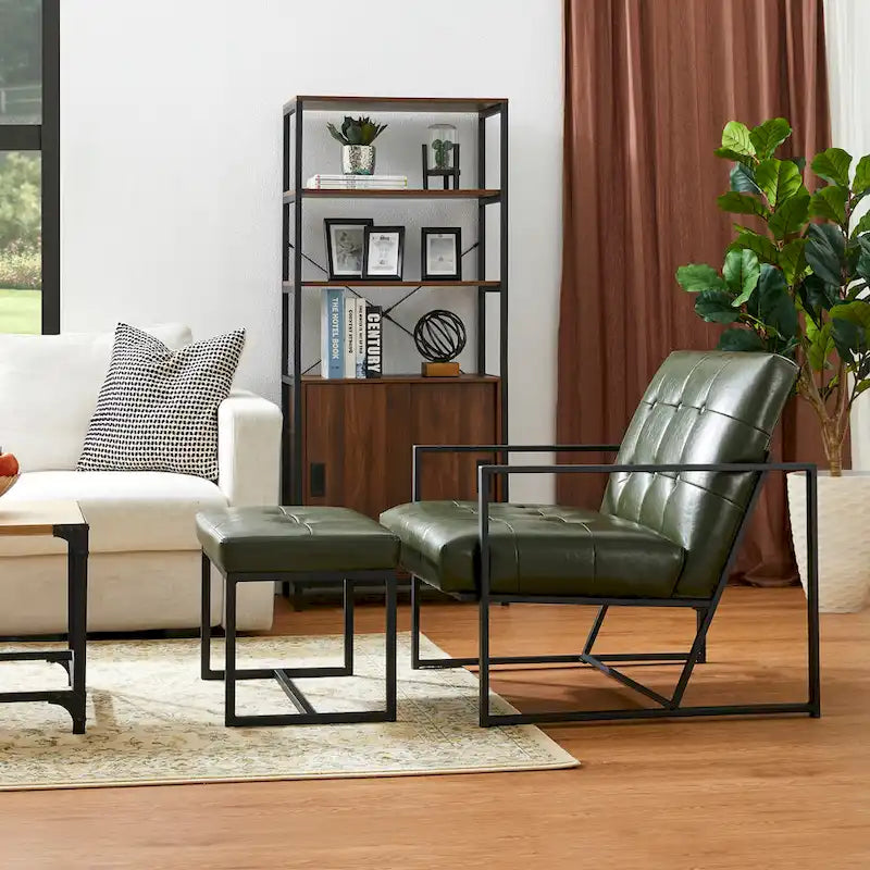 Glitzhome Modern PU Leather Tufted Accent Chair with Ottoman Set