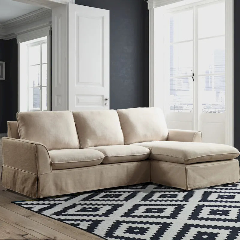 Grey Linen Skirted L-Shape Sectional Sofa - Right Facing