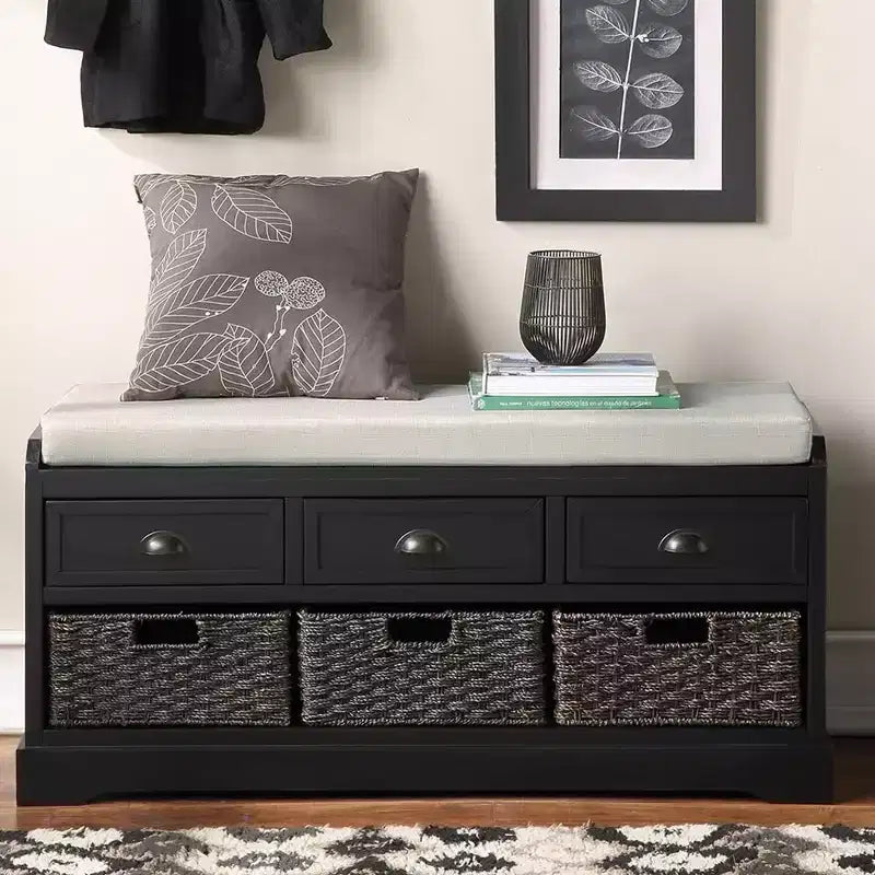 Storage Bench, Wooden Storage Bench Organizer with 3 Drawers and 3 Baskets, Entryway Shoe Bench with Cushion for Living Room, Hallway, Entryway