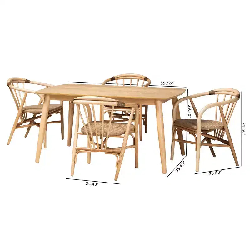 Baxton Studio Kyoto Modern Bohemian Natural Brown Finished Wood and Rattan 5-Piece Dining Set