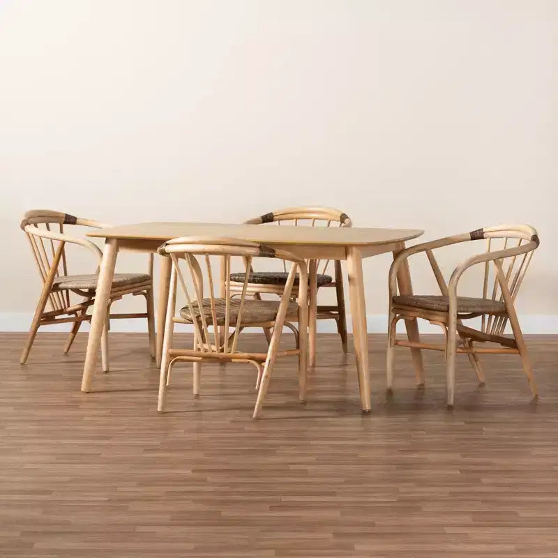 Baxton Studio Kyoto Modern Bohemian Natural Brown Finished Wood and Rattan 5-Piece Dining Set