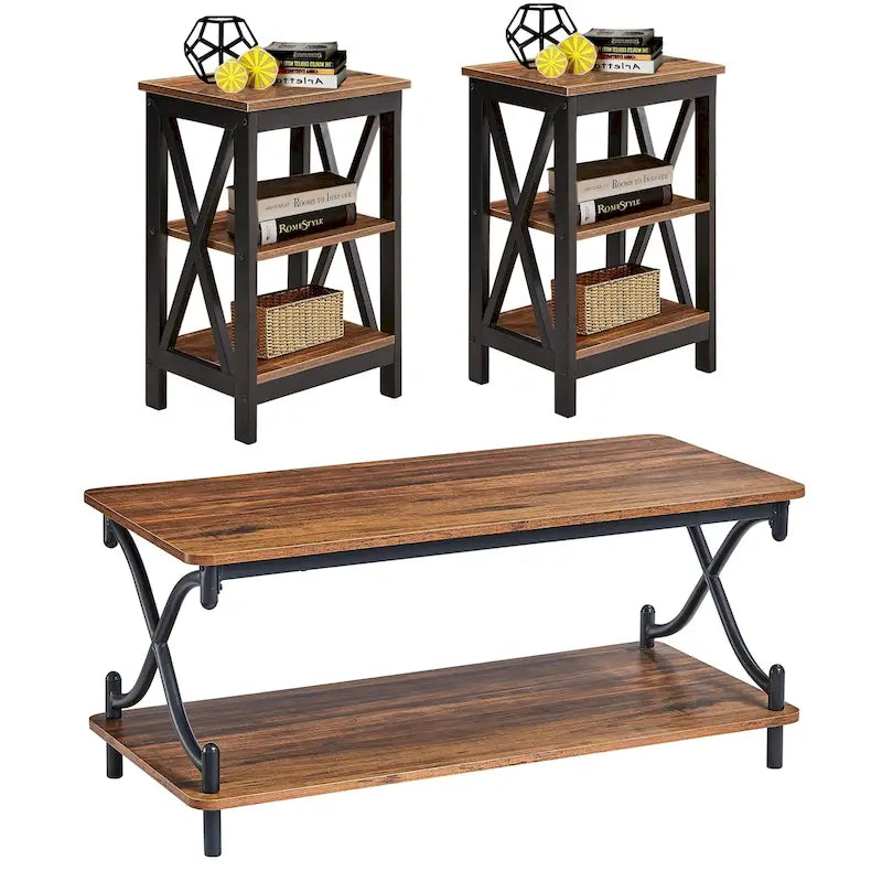 3-Piece Coffee Table Set - Brown/Black X-Cross Design for Living Room