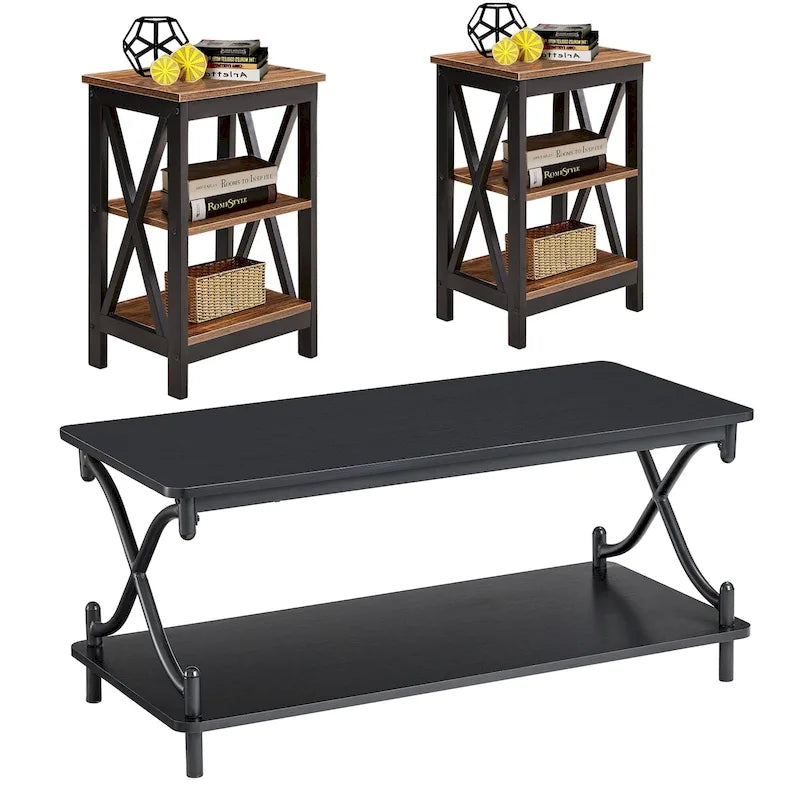 3-Piece Coffee Table Set - Brown/Black X-Cross Design for Living Room