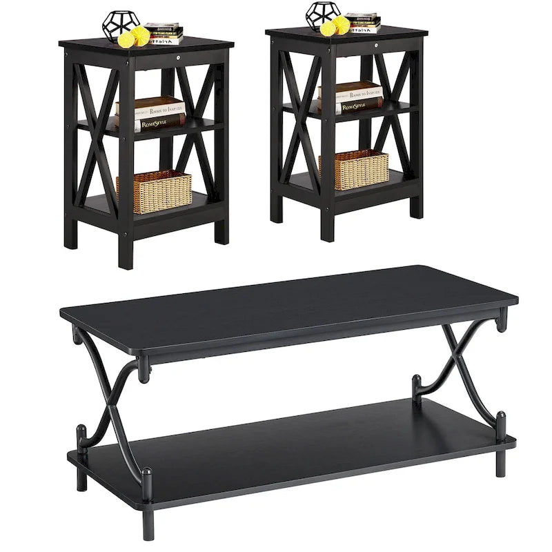 Javlergo Modern 3 Piece Coffee Table Set for Living Room Include Wood Coffee Table and End Table Set of 2