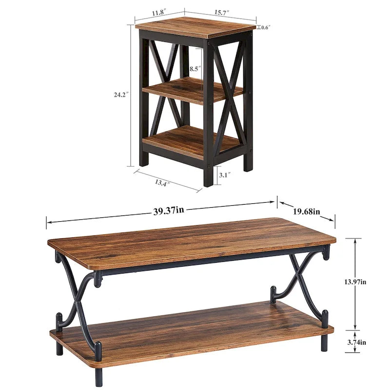 3-Piece Coffee Table Set - Brown/Black X-Cross Design for Living Room
