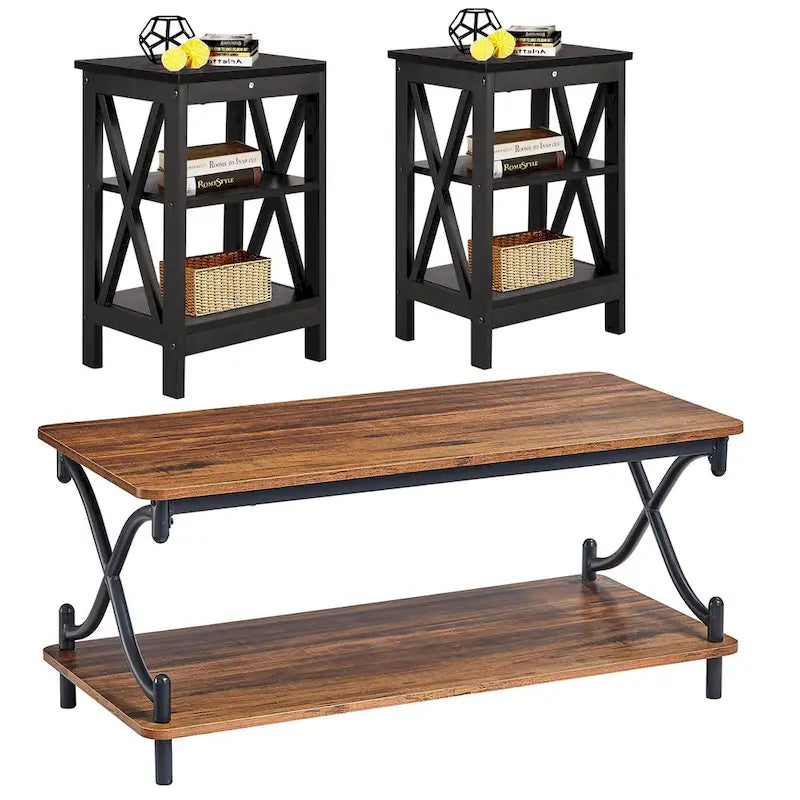 3-Piece Coffee Table Set - Brown/Black X-Cross Design for Living Room