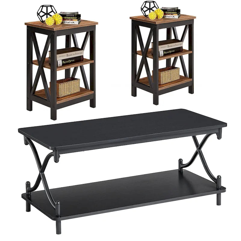 3-Piece Coffee Table Set - Brown/Black X-Cross Design for Living Room