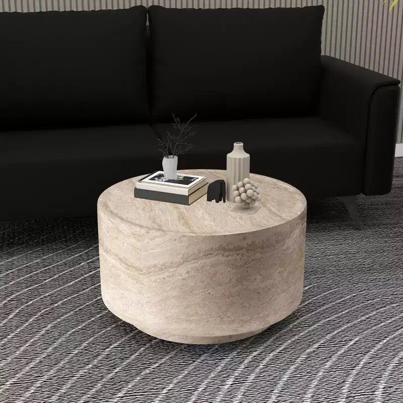 LeisureMod Terra 36 Round Fiberstone Coffee Table  Weatherproof Indoor and Outdoor Accent Table, Minimalist Design for Living Room, Office, or Patio