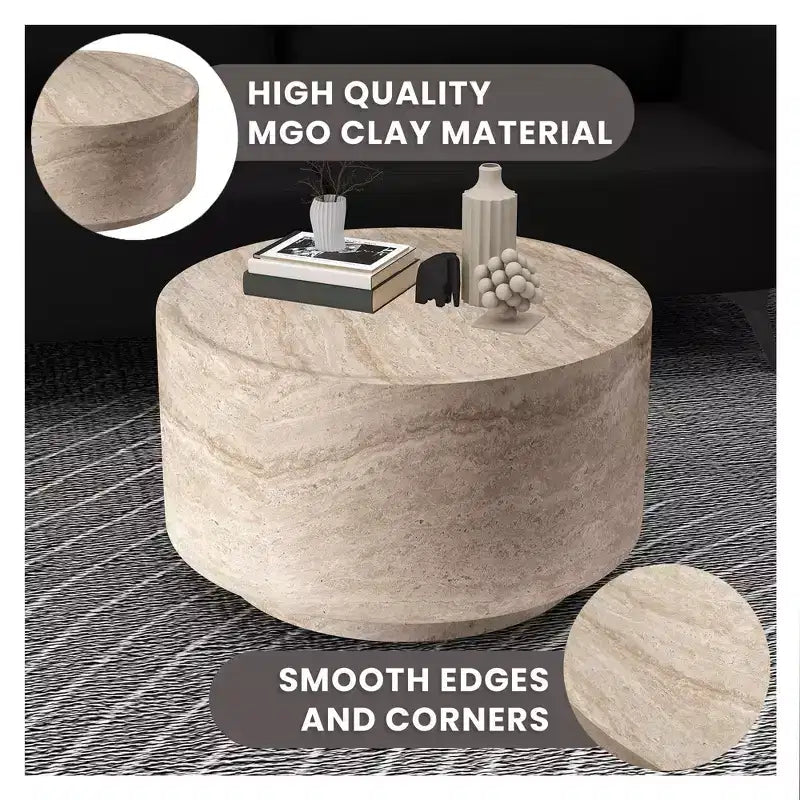LeisureMod Terra 36 Round Fiberstone Coffee Table  Weatherproof Indoor and Outdoor Accent Table, Minimalist Design for Living Room, Office, or Patio