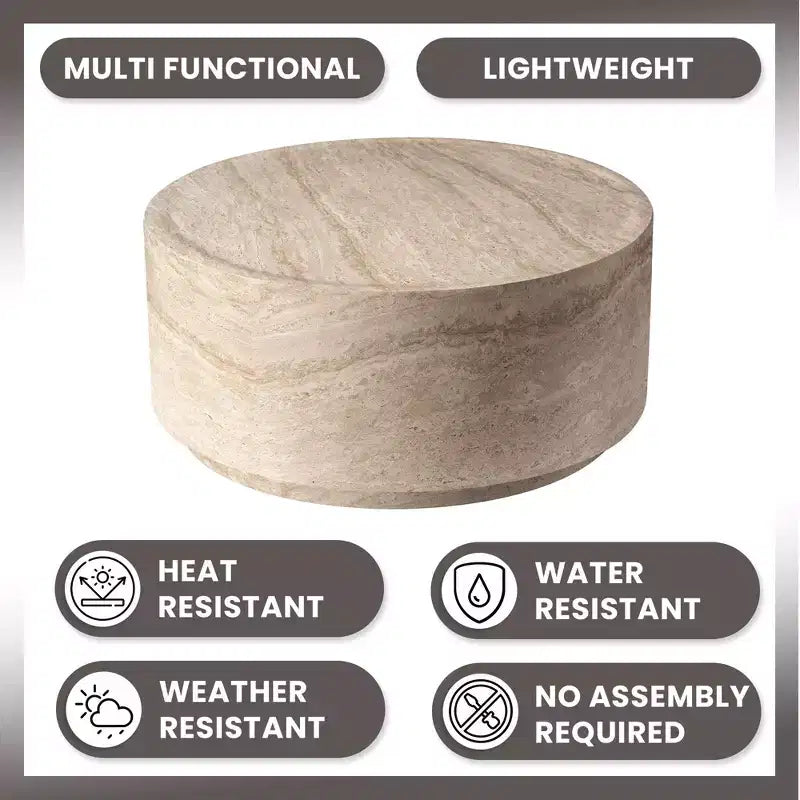 LeisureMod Terra 36 Round Fiberstone Coffee Table  Weatherproof Indoor and Outdoor Accent Table, Minimalist Design for Living Room, Office, or Patio