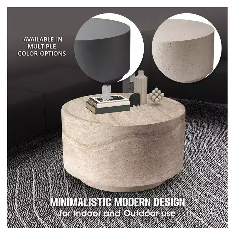 LeisureMod Terra 36 Round Fiberstone Coffee Table  Weatherproof Indoor and Outdoor Accent Table, Minimalist Design for Living Room, Office, or Patio