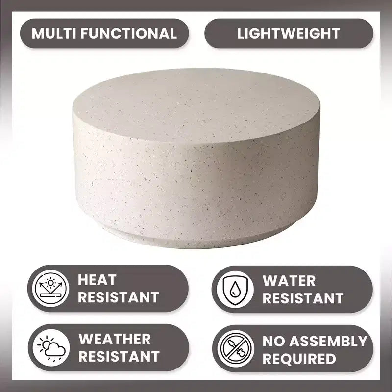 LeisureMod Terra 36 Round Fiberstone Coffee Table  Weatherproof Indoor and Outdoor Accent Table, Minimalist Design for Living Room, Office, or Patio