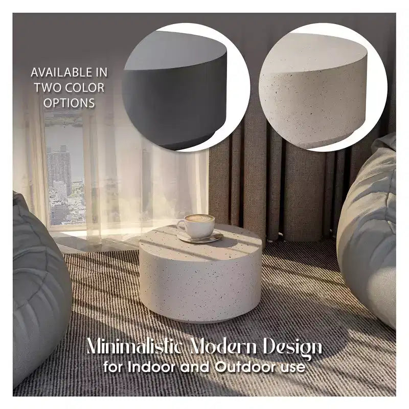 LeisureMod Terra 36 Round Fiberstone Coffee Table  Weatherproof Indoor and Outdoor Accent Table, Minimalist Design for Living Room, Office, or Patio